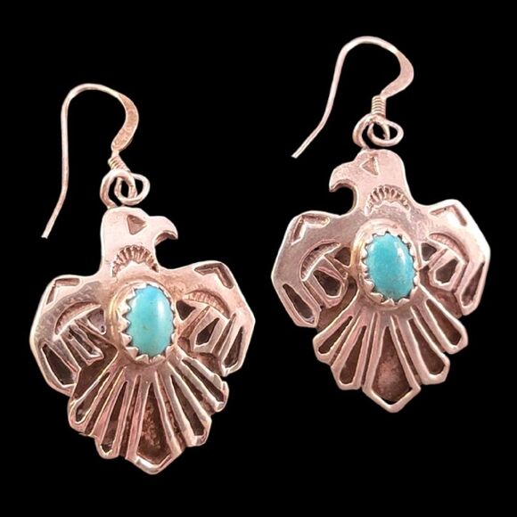 Roberta Begay Sterling Navajo Thunderbird Turquoise Earrings - Picture 1 of 8